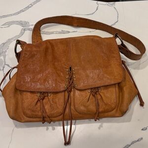 Kooba Cognac Leather Shoulder Bag with Stud & Drawstring Accents
